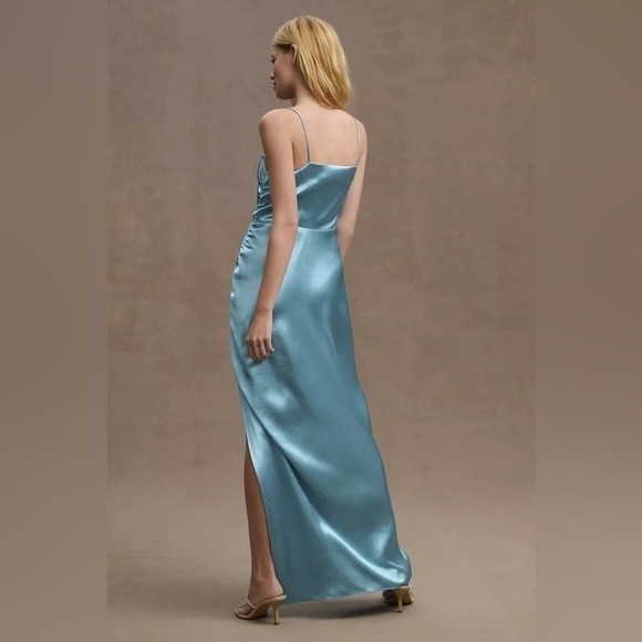 Sachin & Babi Jennings Ruched Hammered Satin Side-Slit Gown in Milky Blue - Picture 4 of 11